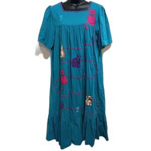 Vintage Blair Dress Large Teal Cat Embroidered Cat Lady Grannycore 80s Ruffle